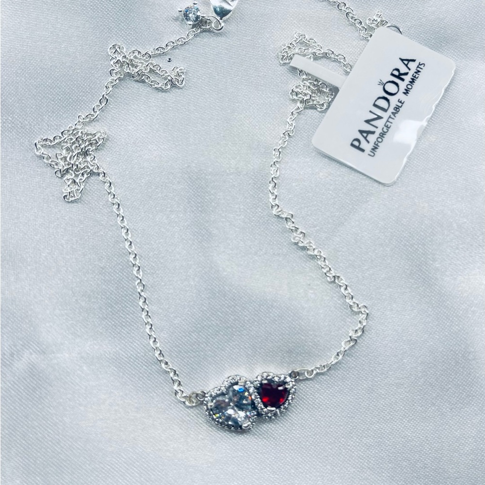 Pandora Sterling Silver Necklace with Red Ruby and Clear zircon Gemstones